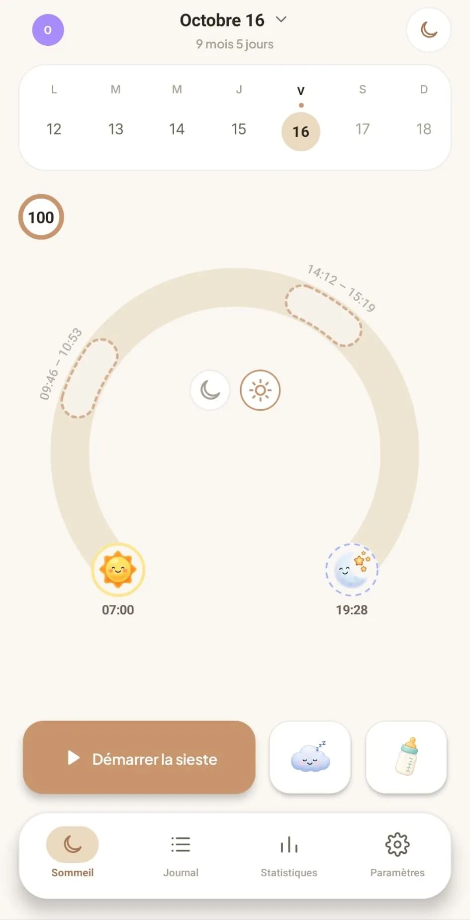 Écran d’accueil de Somilou : l’arc de la journée, du réveil à 07:00 au coucher prévu à 19:28, avec deux siestes prévues en pointillés et le bouton « Démarrer la sieste ».