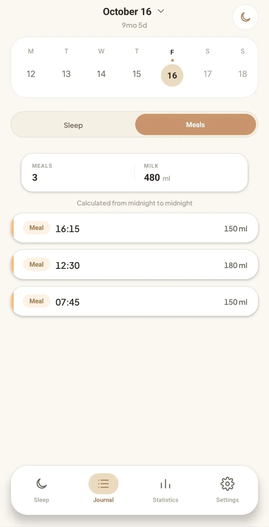 Journal des repas dans Somilou : trois biberons dans la journée, 480 ml au total.